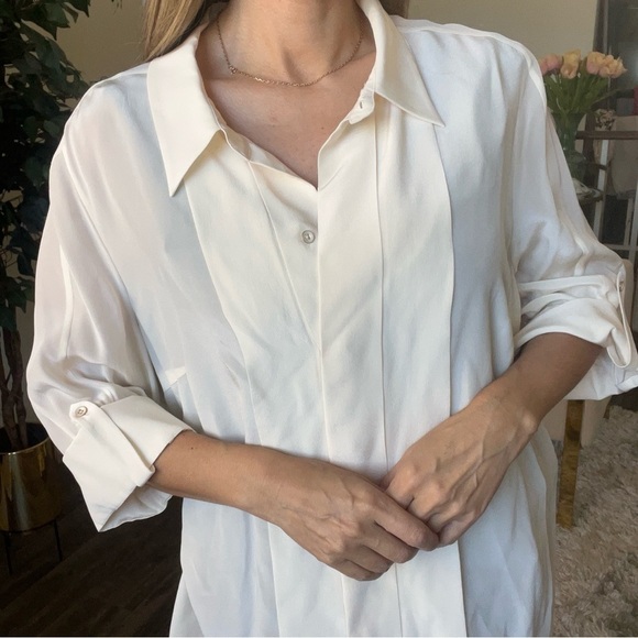Rena Lange Ivory Silk Pleated Long Sleeve Loose Fit Button Up Blouse Top Size 16 - Picture 3 of 12